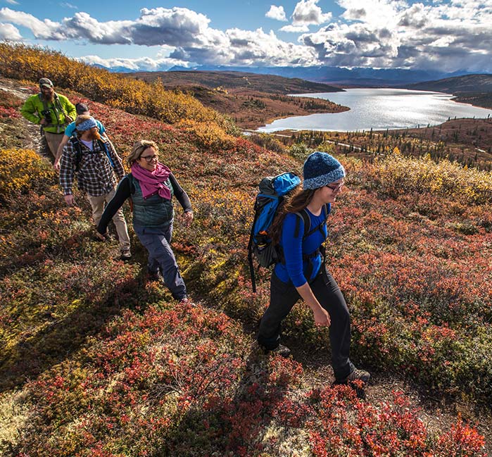 A hiking guide leads four people along a footpath between shrubs, overlooking a clear lake.