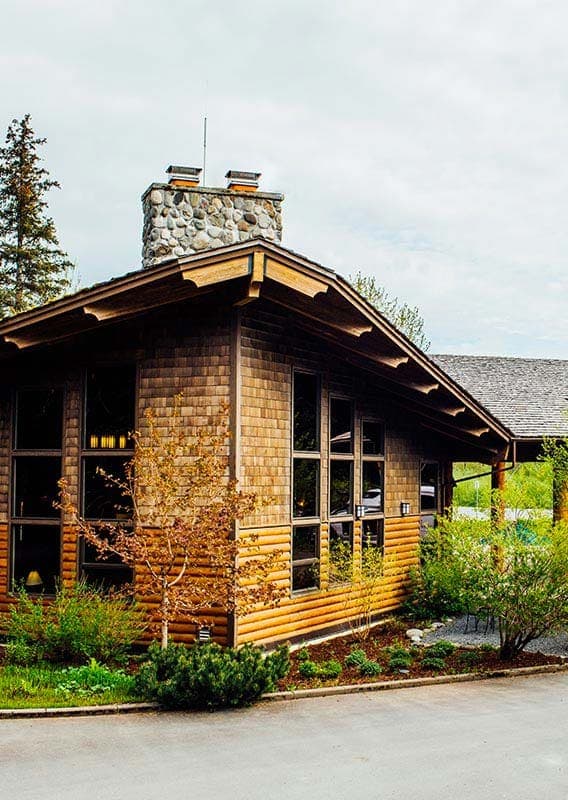 A view of a modern lodge with a rustic chimney among conifer trees