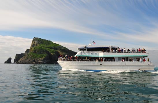 A Kenai Fjords Tour boat full of people cruise thought water with a mountain in the background.