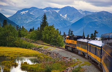A train on a track leading into a forest with mountains in the distance.
