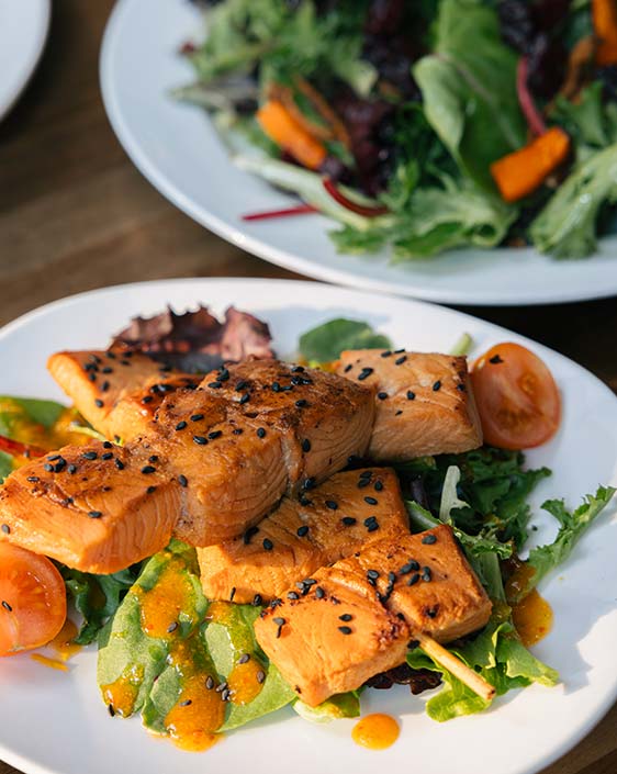 A plate of salmon skewers on a bed of greens.