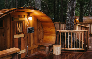 Outdoor barrel sauna at Alyeska Nordic Spa